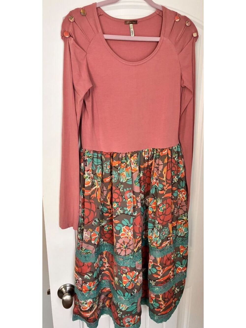 Matilda Jane Pink Long Sleeve Dress with Floral Skirt, Size M